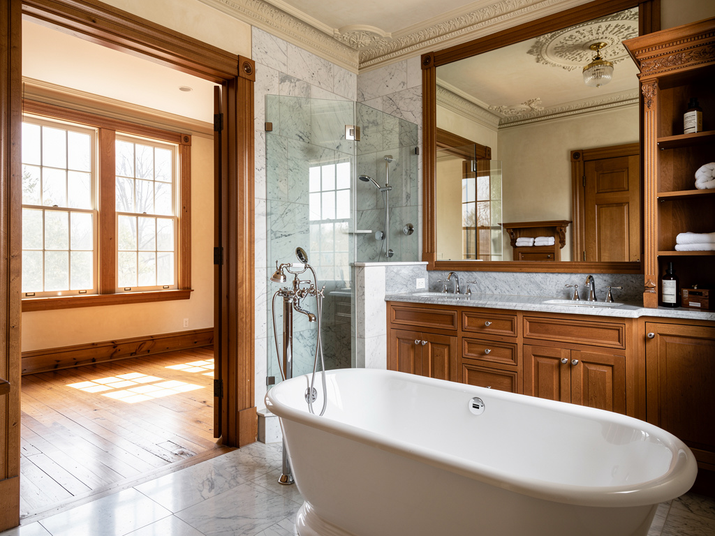 Luxury bathroom with freestanding white bathtub, marble shower, wood vanity, large mirror, and sunlit adjoining room