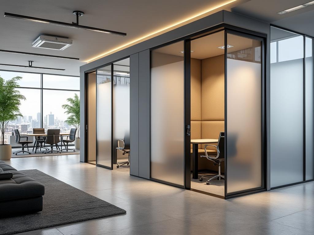 Oficina moderna con cubículos de cristal, plantas verdes y vista a una ciudad desde ventanales grandes.