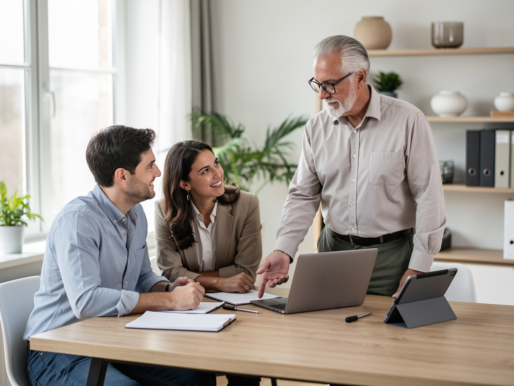 Real estate agents and clients discussing property investment with building model in modern office