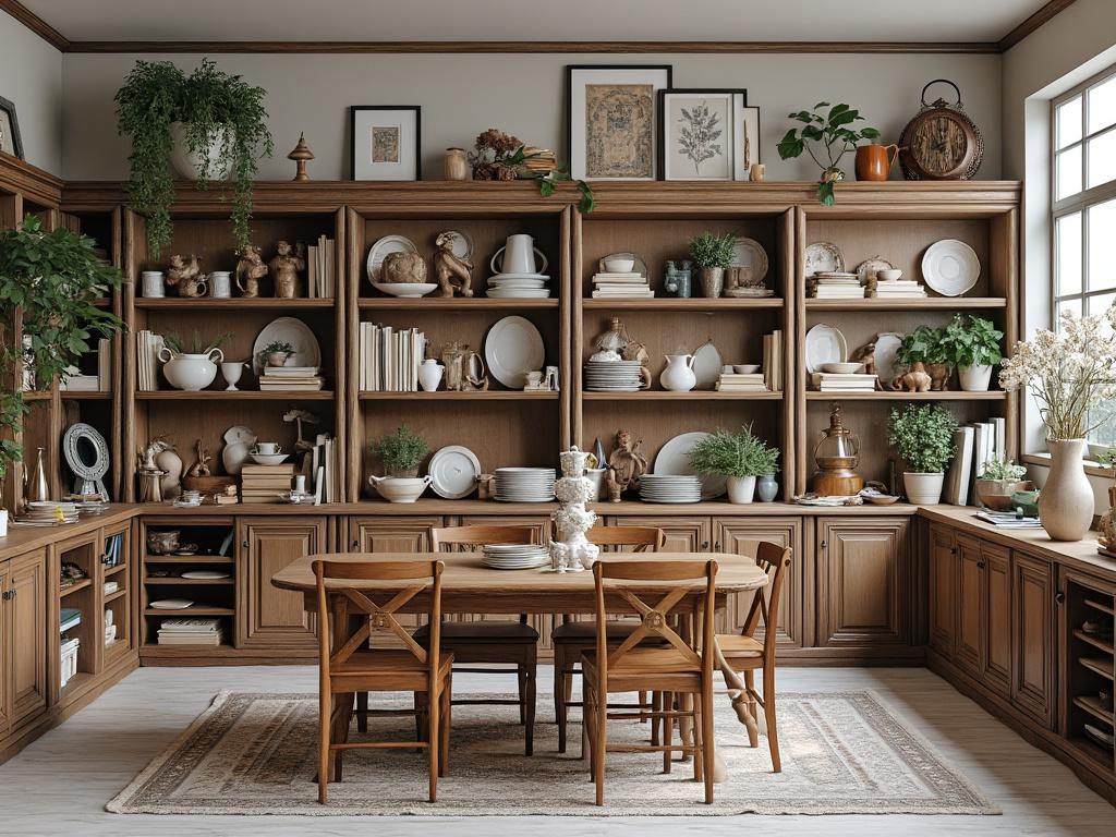 Cozy rustic kitchen with wooden shelves, dining table, chairs, plants, dishes, books, and decorative items.