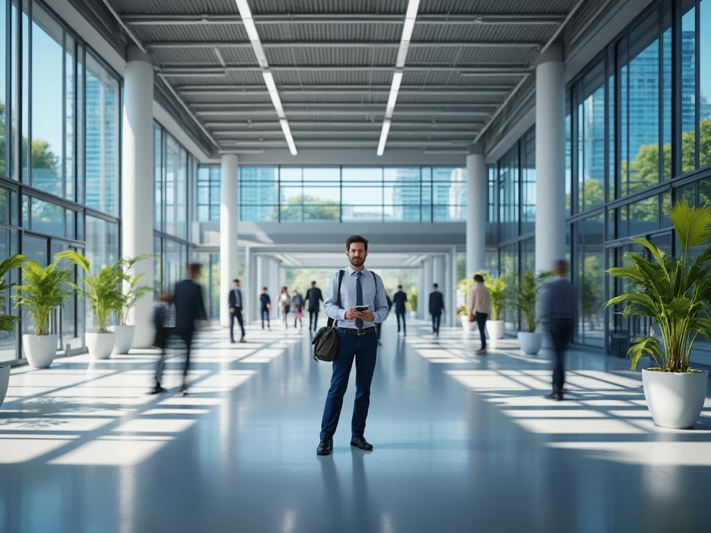 Businessman in a suit stands in a modern, sunlit corridor with glass walls, surrounded by potted plants and people walking. Businessman in a suit stands in a modern, sunlit corridor with glass walls, surrounded by potted plants and people walking.