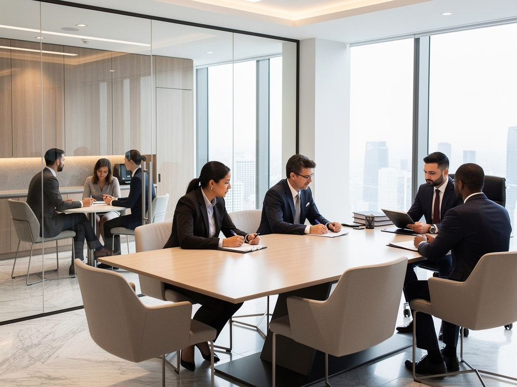 Business professionals in a modern glass-walled office conference room during a corporate meeting