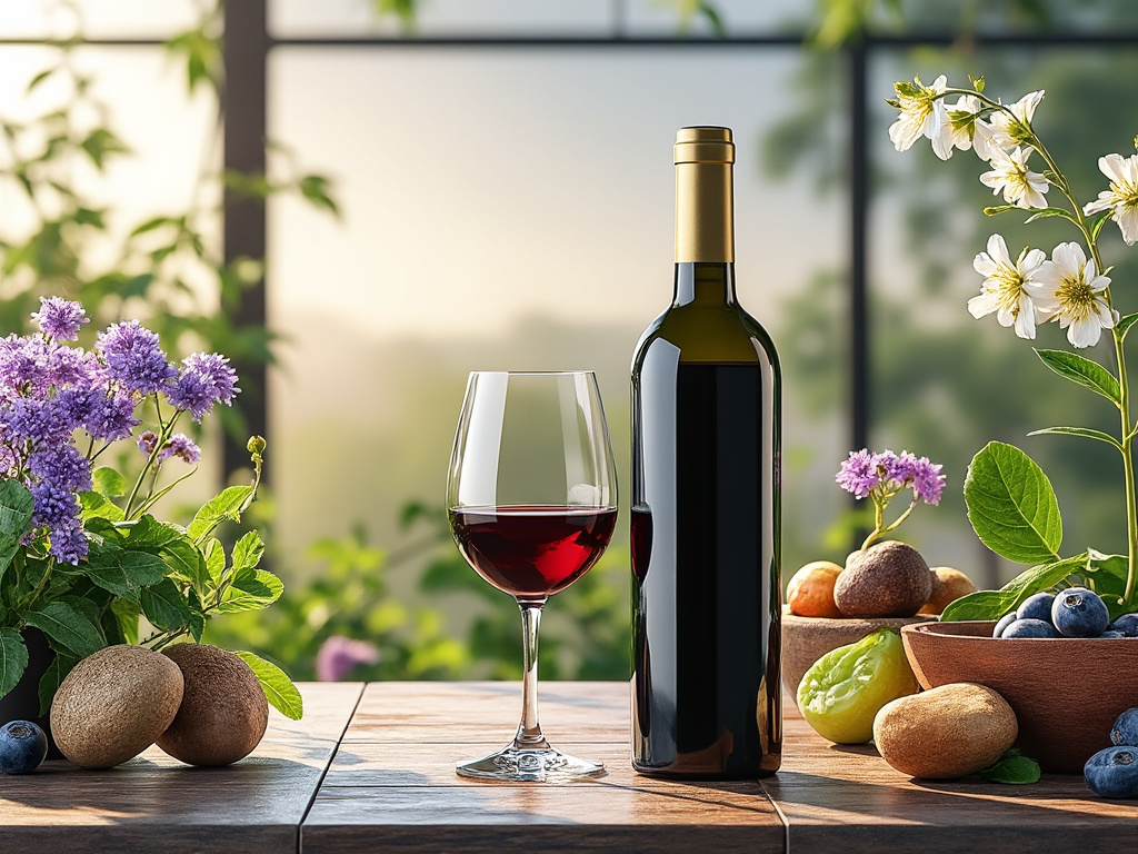 A wine bottle and glass on a wooden table surrounded by flowers and fruits, with a blurred outdoor garden backdrop.