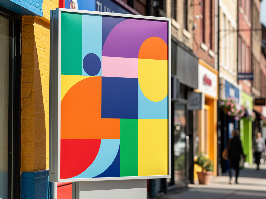 Colorful abstract geometric storefront sign on urban shopping street