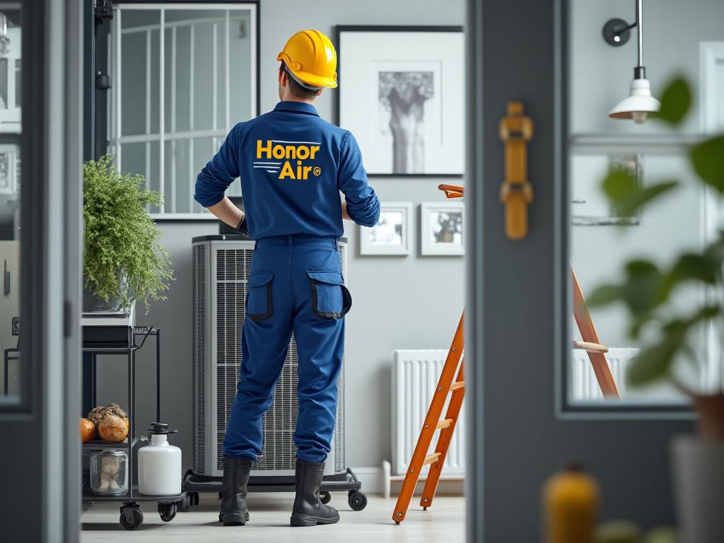 HVAC technician in uniform with hard hat inspecting air conditioning unit indoors, with ladder and plants in the background. HVAC technician in uniform with hard hat inspecting air conditioning unit indoors, with ladder and plants in the background.