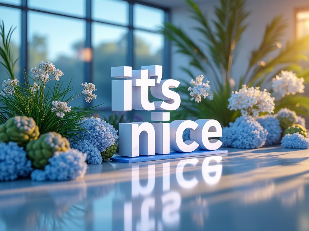 3D text sculpture saying 'it's nice' surrounded by lush greenery and white flowers in a sunlit room with large windows.