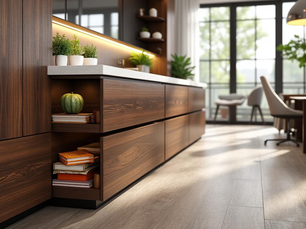 Modern kitchen interior with dark wood cabinets, white countertop, potted plants, and large windows.
