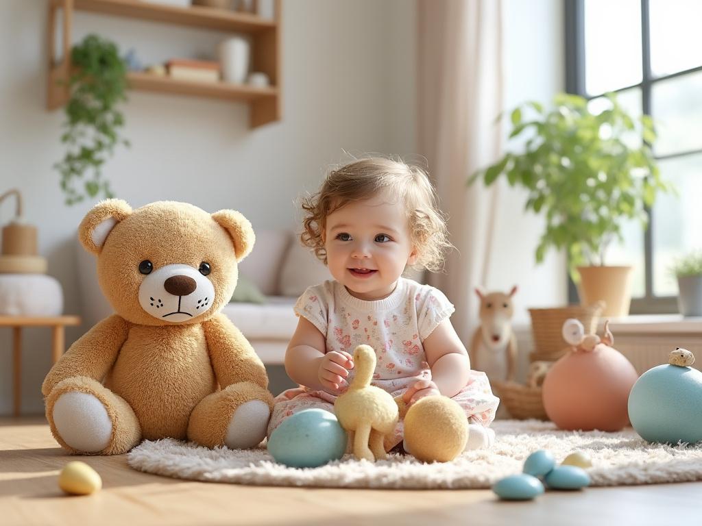 Cute baby sitting on a soft rug with plush toys, including a teddy bear and colorful stuffed animals, in a bright, cozy room with potted plants.