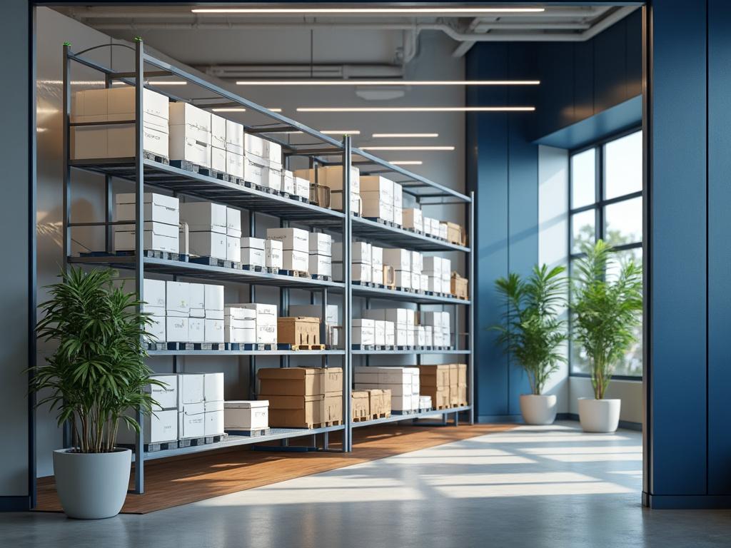 Modern warehouse interior with metal shelving filled with organized boxes and potted plants by large windows.
