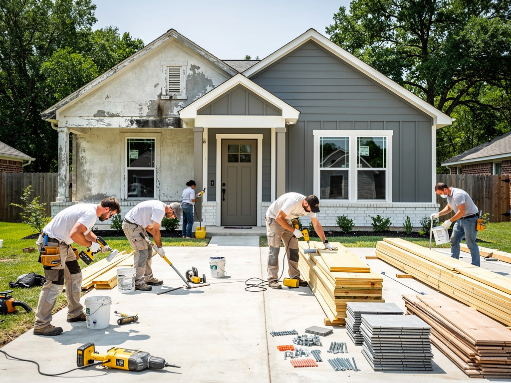 Construction workers renovating a house exterior with lumber and tools in the driveway