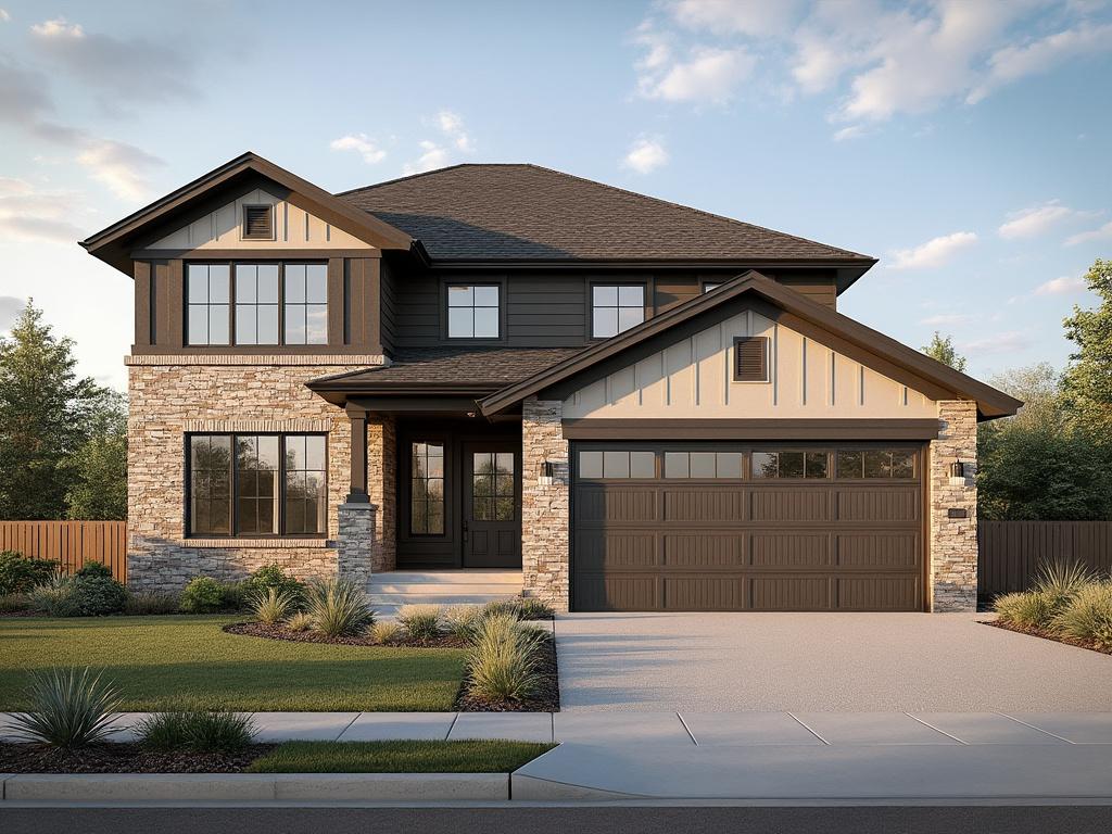Modern two-story house with stone facade and attached double garage under a blue sky.