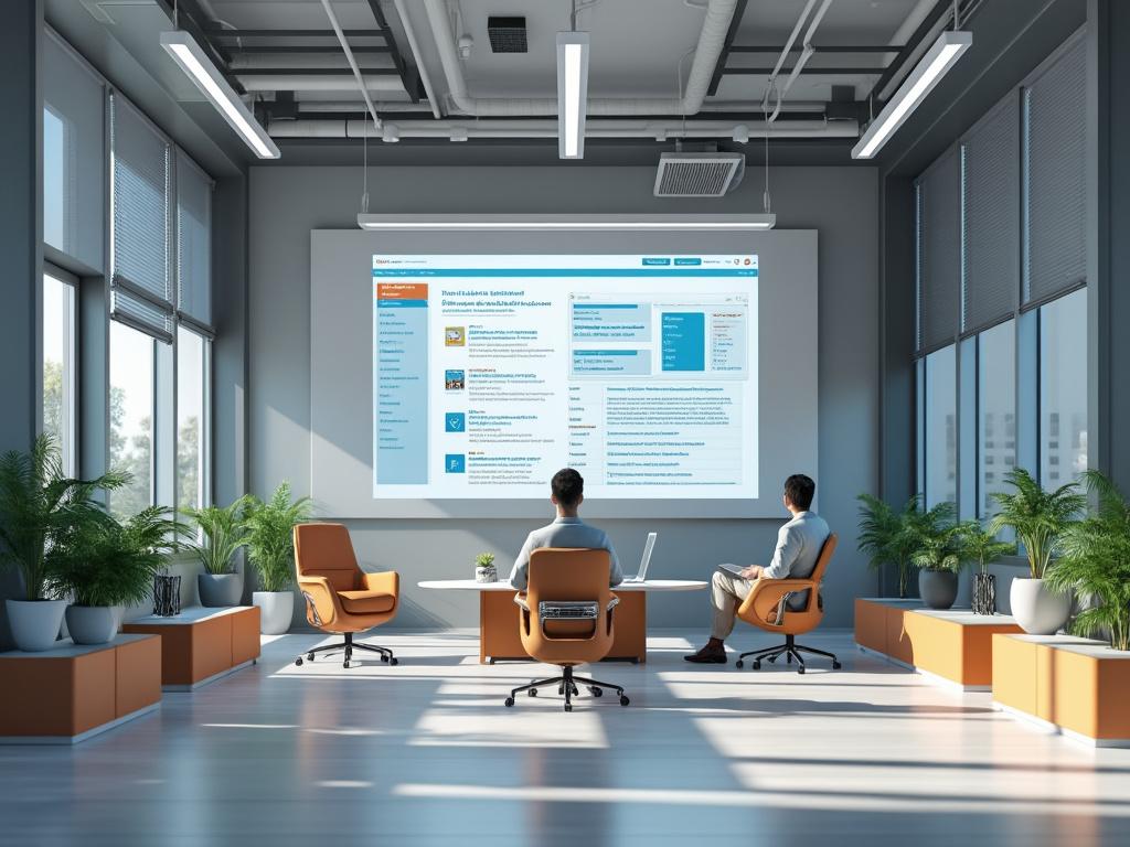 Oficina moderna con dos personas sentadas frente a una pantalla grande, rodeadas de plantas y muebles anaranjados.