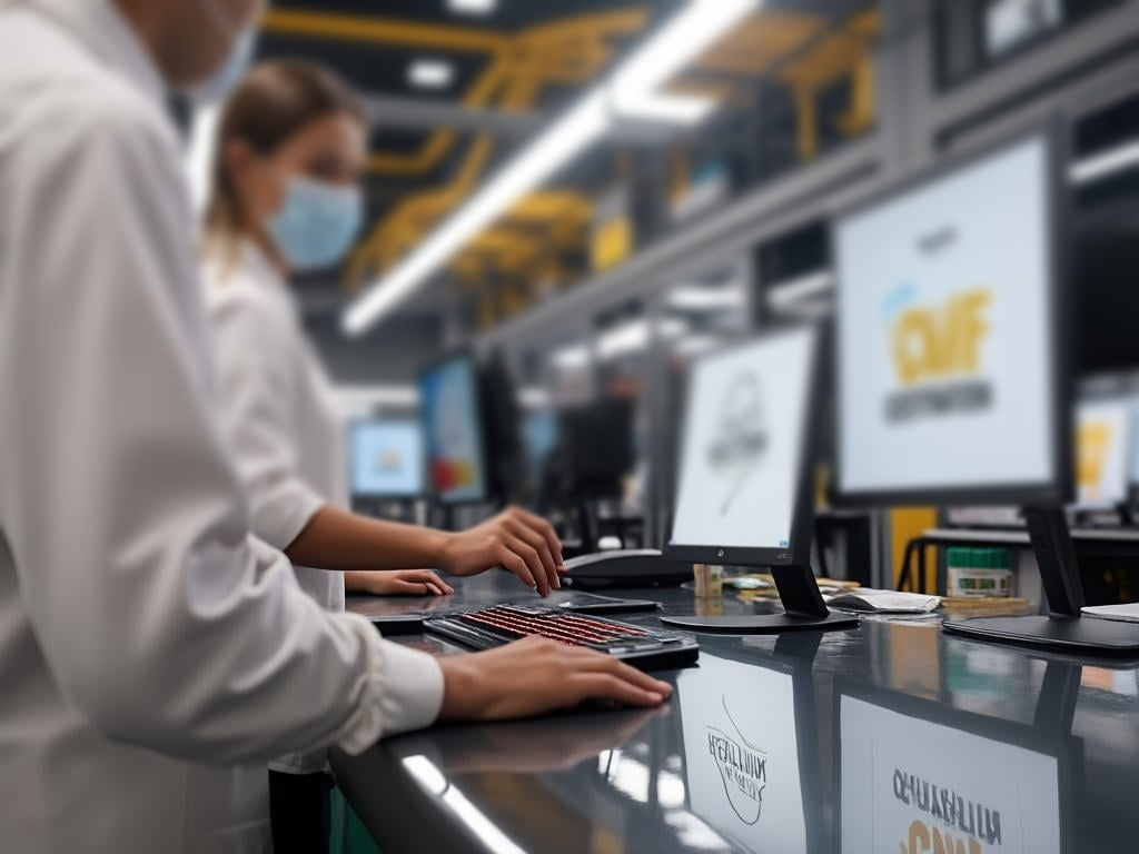 People in lab coats and masks working at computer stations in a modern laboratory.