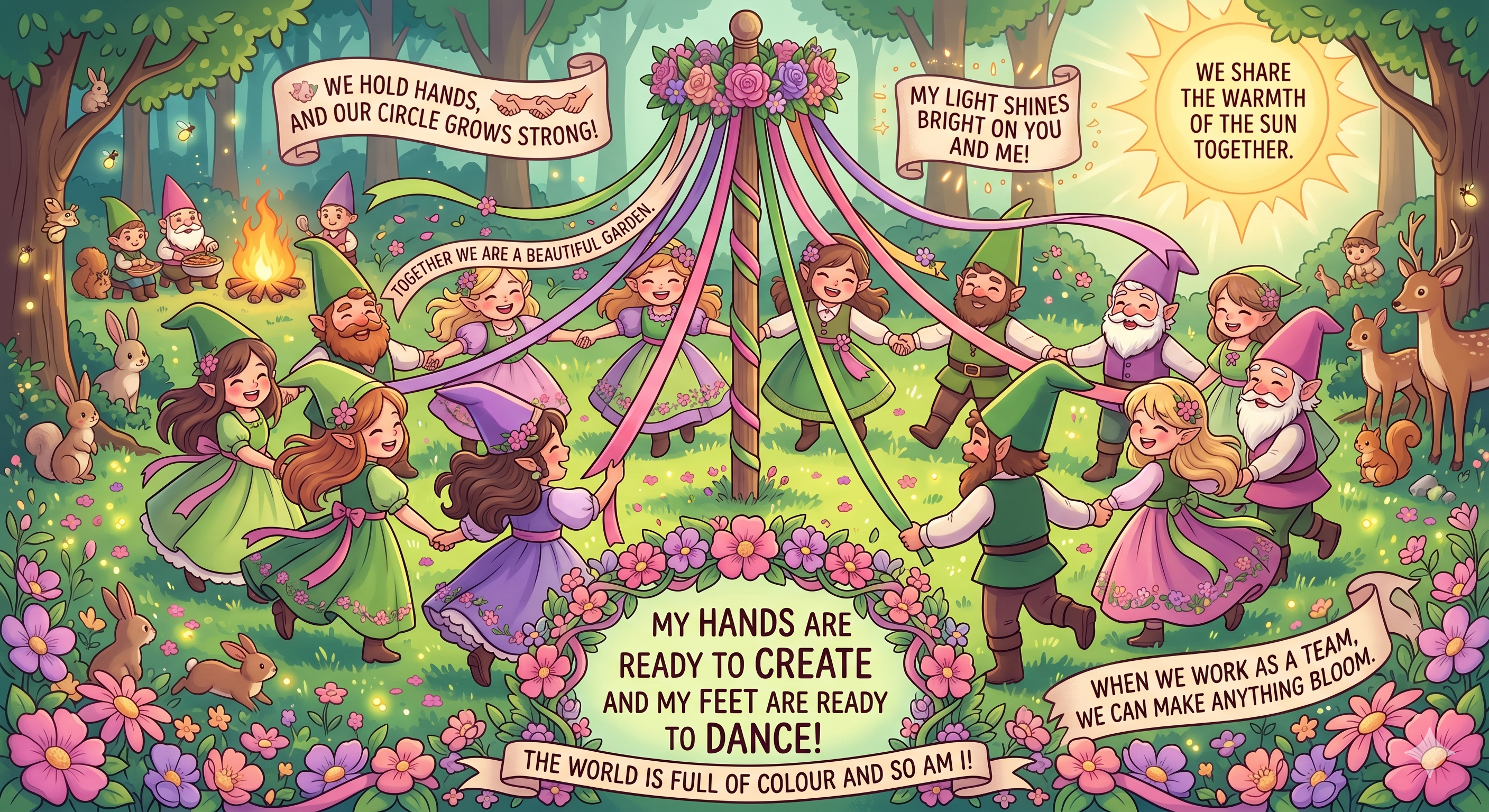 Gnomes dancing around a maypole creating community Gnomes dancing around a maypole creating community