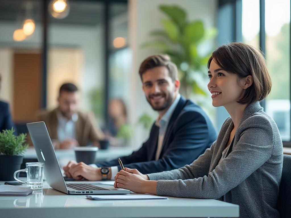 Two professionals in a meeting room, smiling while working on laptops, with green plants and natural light in the background.