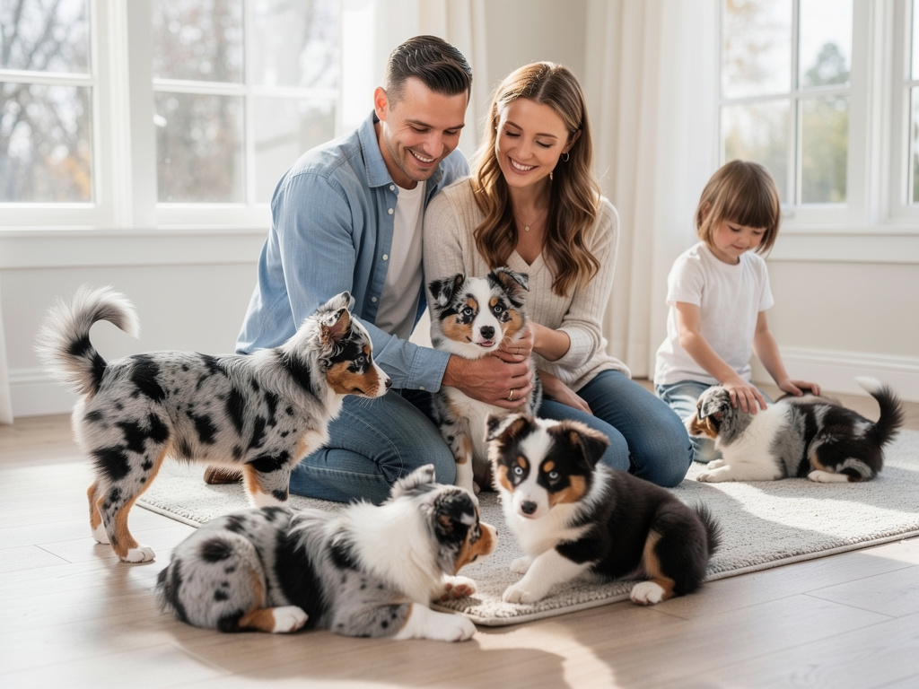Happy family playing with Australian Shepherd puppies in a bright living room