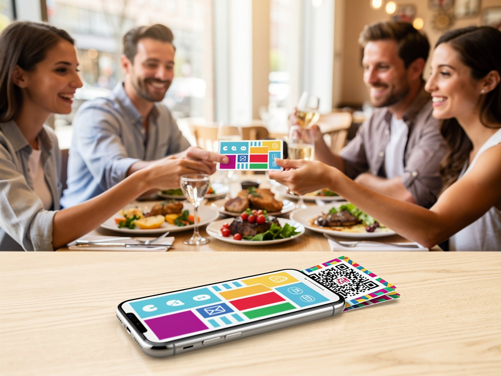 Friends dining at a restaurant using colorful digital payment cards and smartphone with QR code on table