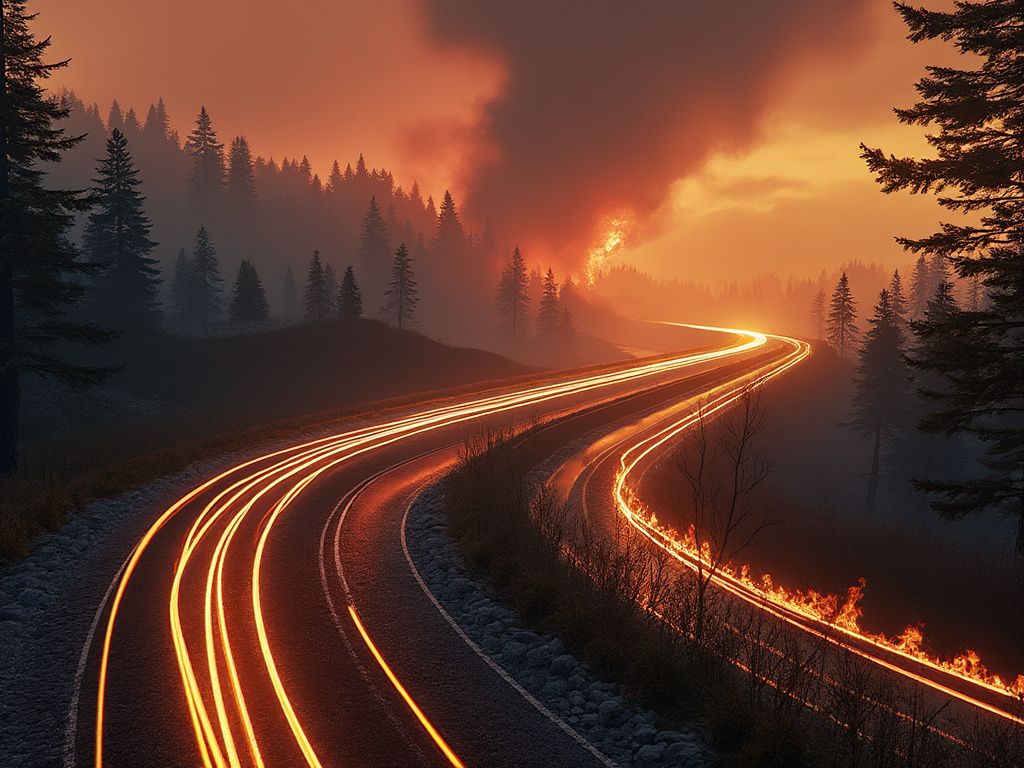 Wildfire burning through pine forest at dusk with glowing car light trails on winding mountain road