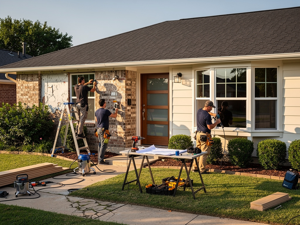 Contractors installing new siding and windows on a suburban home exterior during renovation