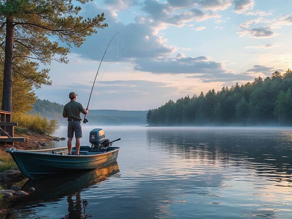 Man fishing from a boat on a serene lake at sunrise, surrounded by mist and forest. Man fishing from a boat on a serene lake at sunrise, surrounded by mist and forest.