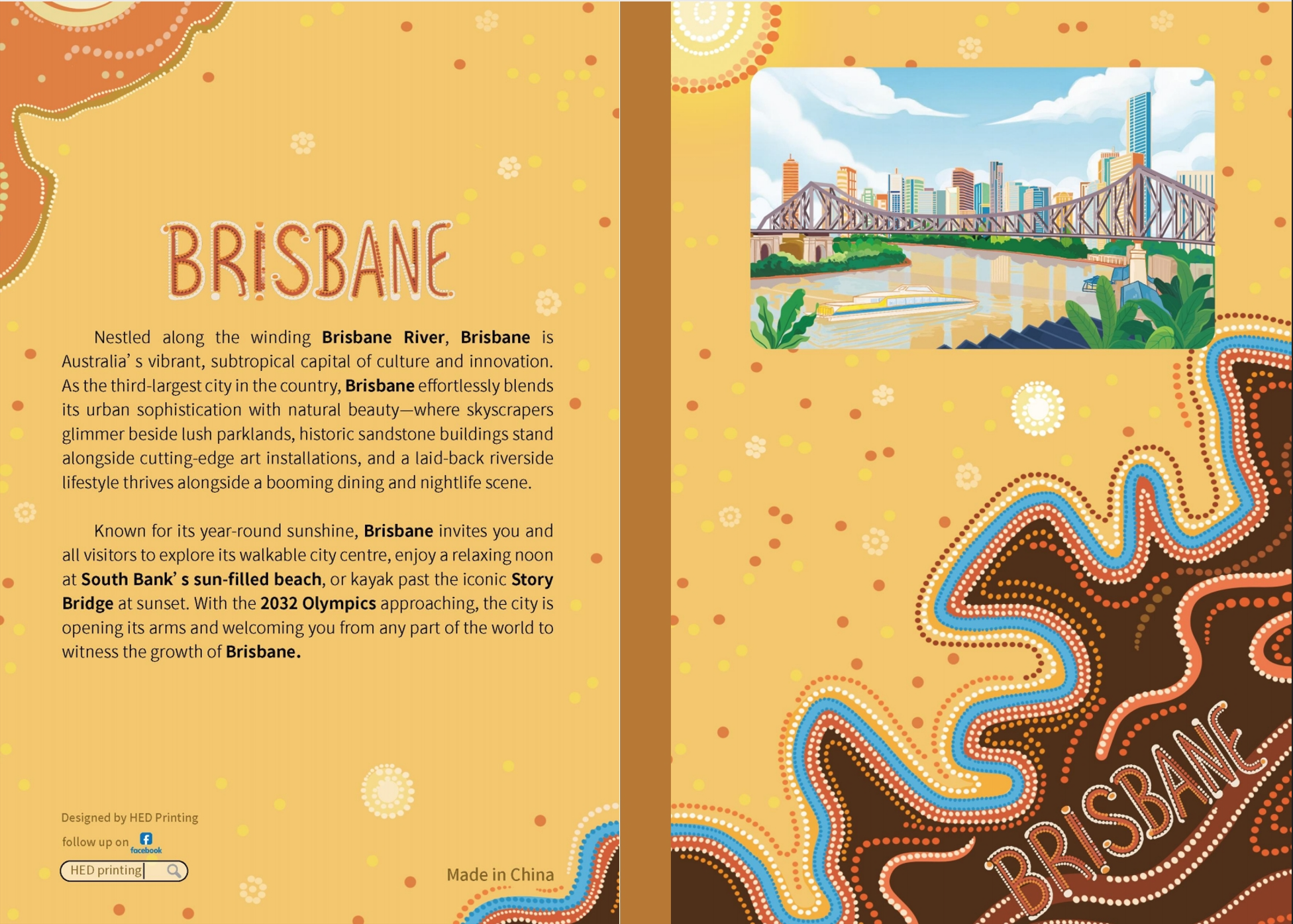 Colorful brochure featuring Brisbane skyline and Story Bridge with artistic design elements.