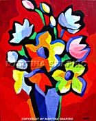 SOLD. "Abstract Flowers
on Red"
original painting
 in acrylic on canvas,
16 x 20 x 1 inches