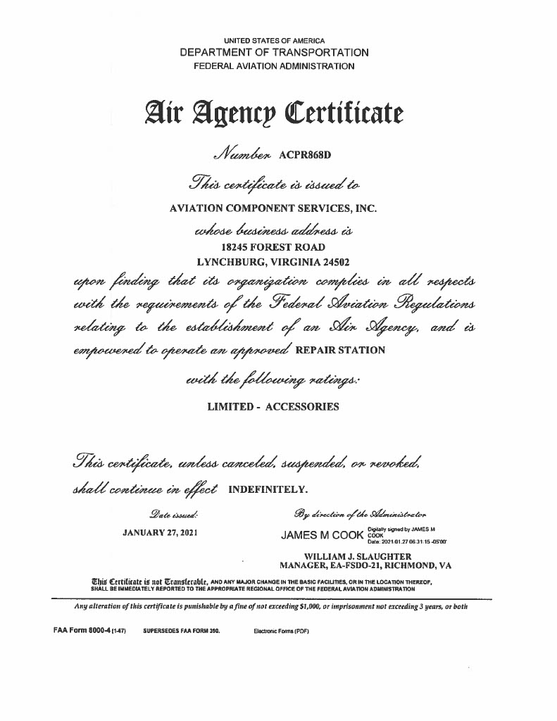 FAA Repair Station Number: ACPR868D