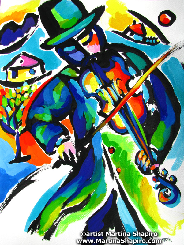 Fiddler Abstraction original Jewish painting by artist Martina Shapiro contemporary modern Judaic fine art