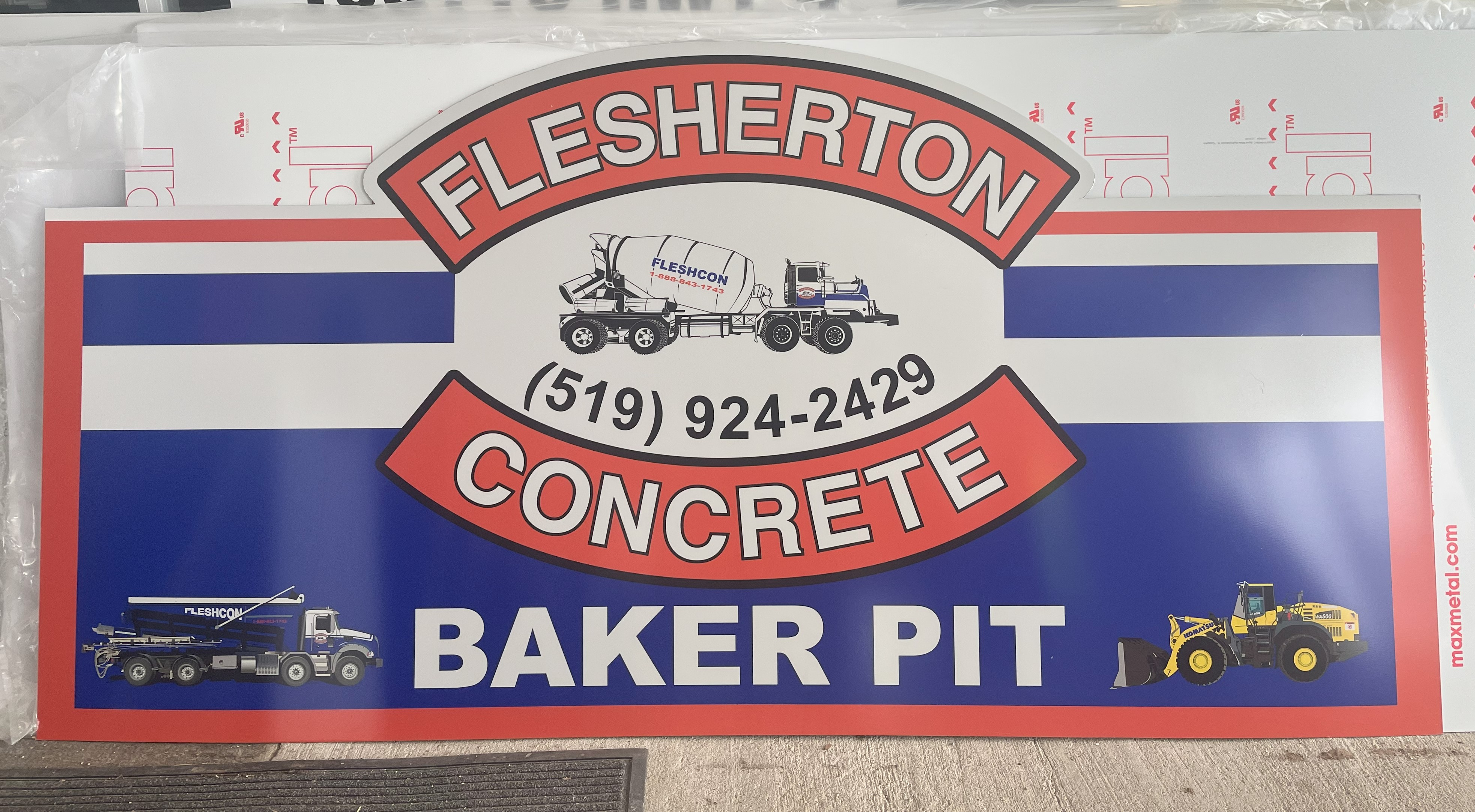A large aluminium sign printed in a reflective material for flesherton concrete
