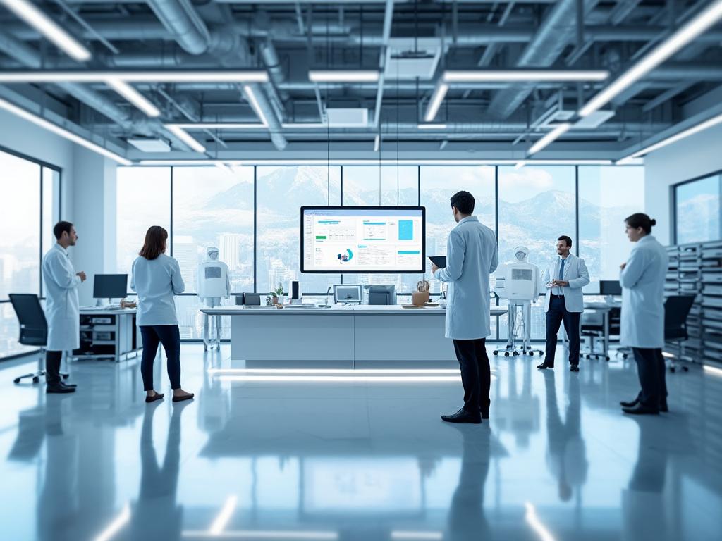 Group of scientists in a modern laboratory analyzing data on a large screen, wearing lab coats, with lab equipment and cityscape view in the background.