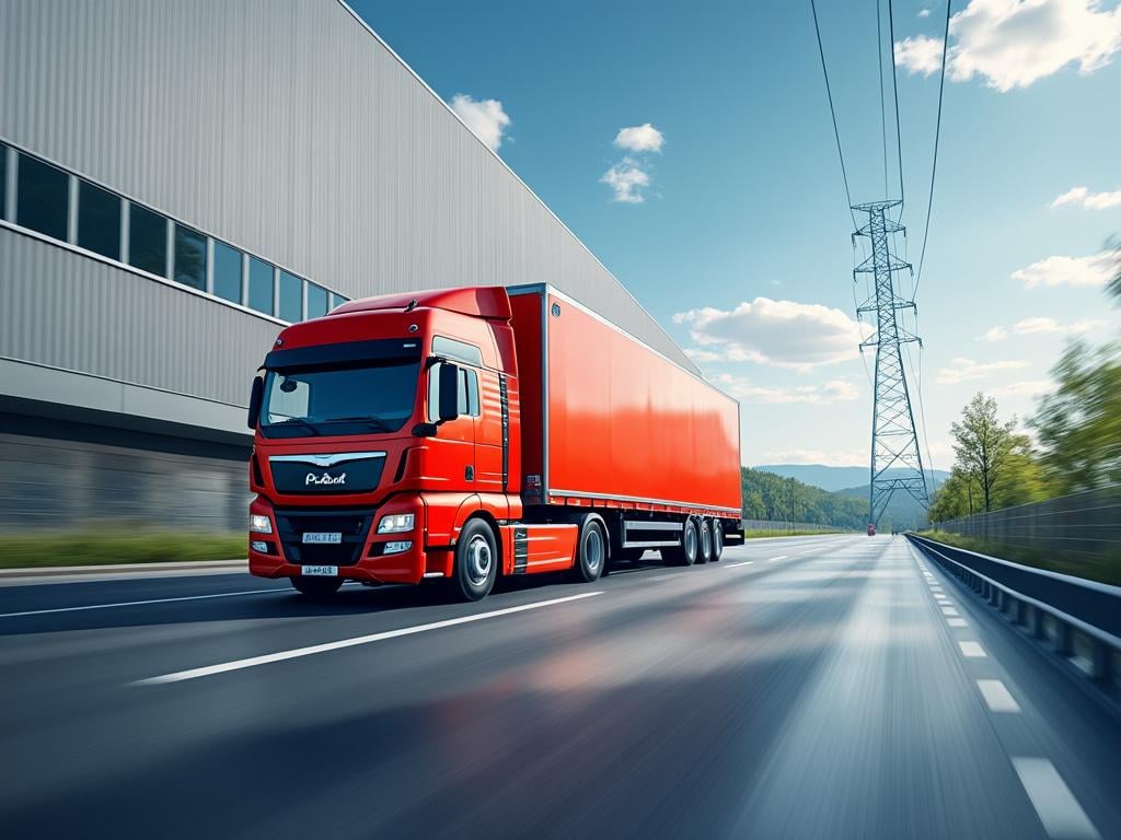Camion rouge sur l'autoroute près d'un bâtiment industriel sous un ciel bleu avec des pylônes électriques en arrière-plan.