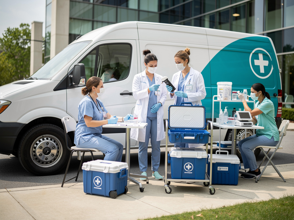Healthcare workers in masks running mobile medical testing clinic beside a van outside a modern building