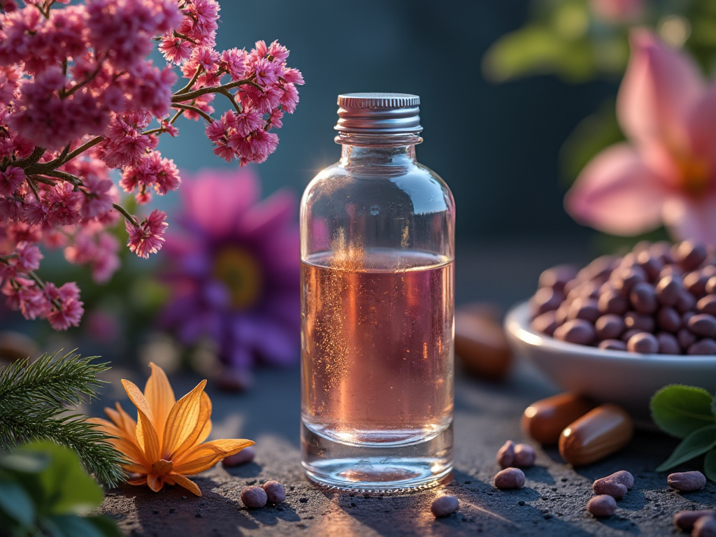 A bottle of essential oil surrounded by pink and orange flowers with a bowl of capsules and seeds.