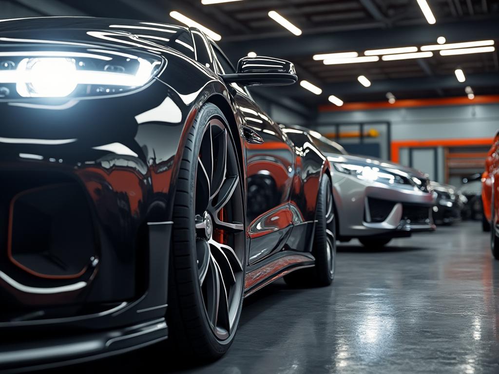 Nahaufnahme eines glänzenden schwarzen Sportwagens in einer modernen Tiefgarage mit Spiegelungen auf dem Lack.