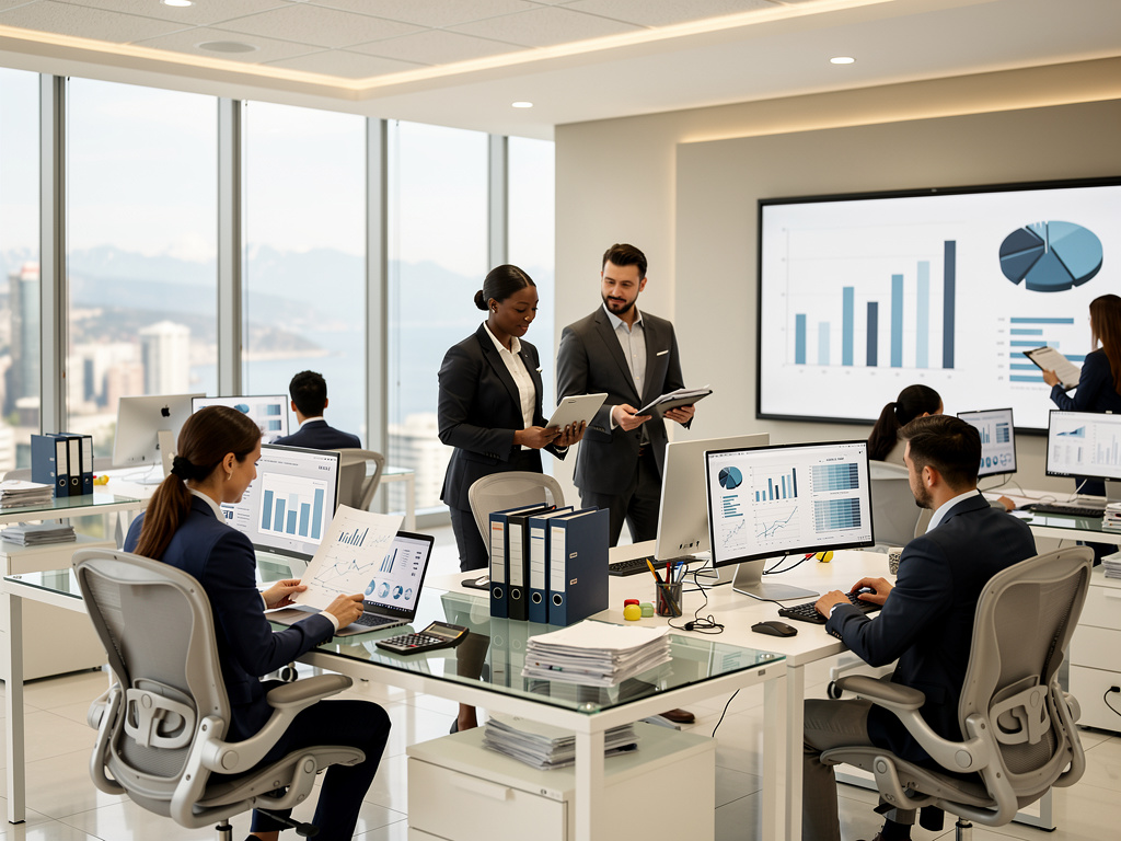 Corporate finance team analyzing business charts and data in a modern office meeting Corporate finance team analyzing business charts and data in a modern office meeting
