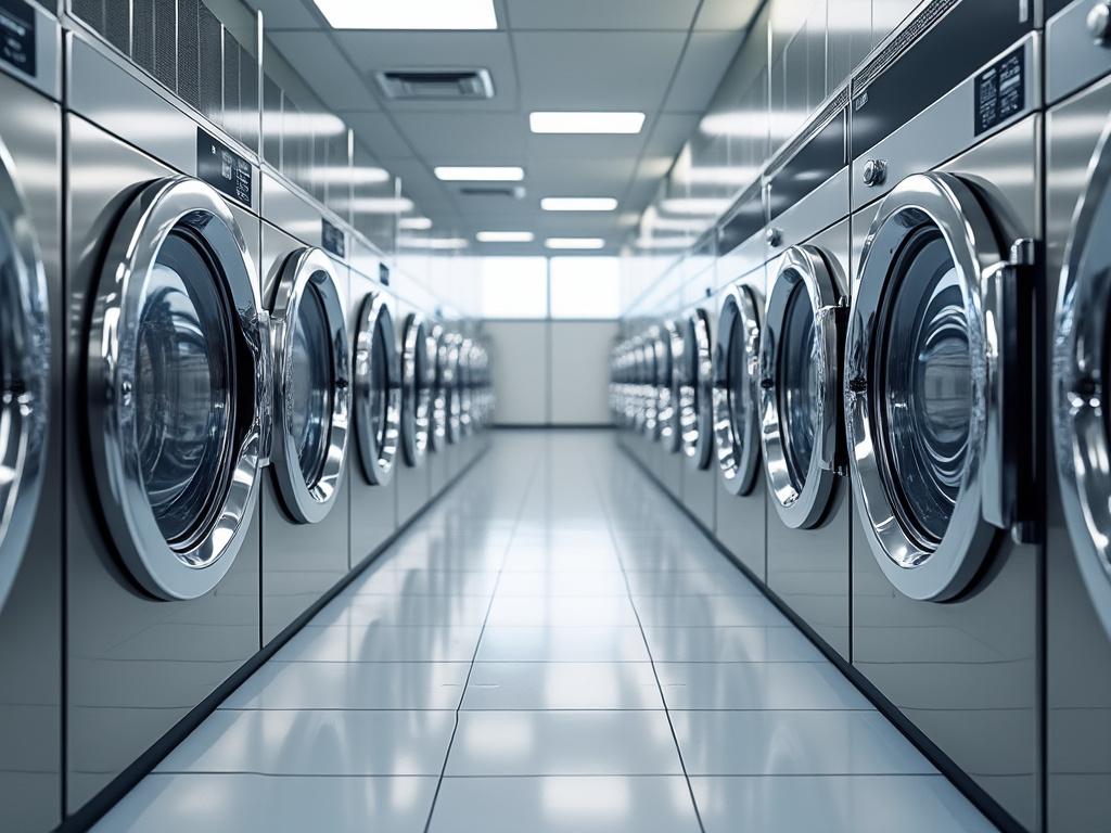 Interior of a modern laundromat with rows of stainless steel washing machines and a glossy tiled floor. Interior of a modern laundromat with rows of stainless steel washing machines and a glossy tiled floor.