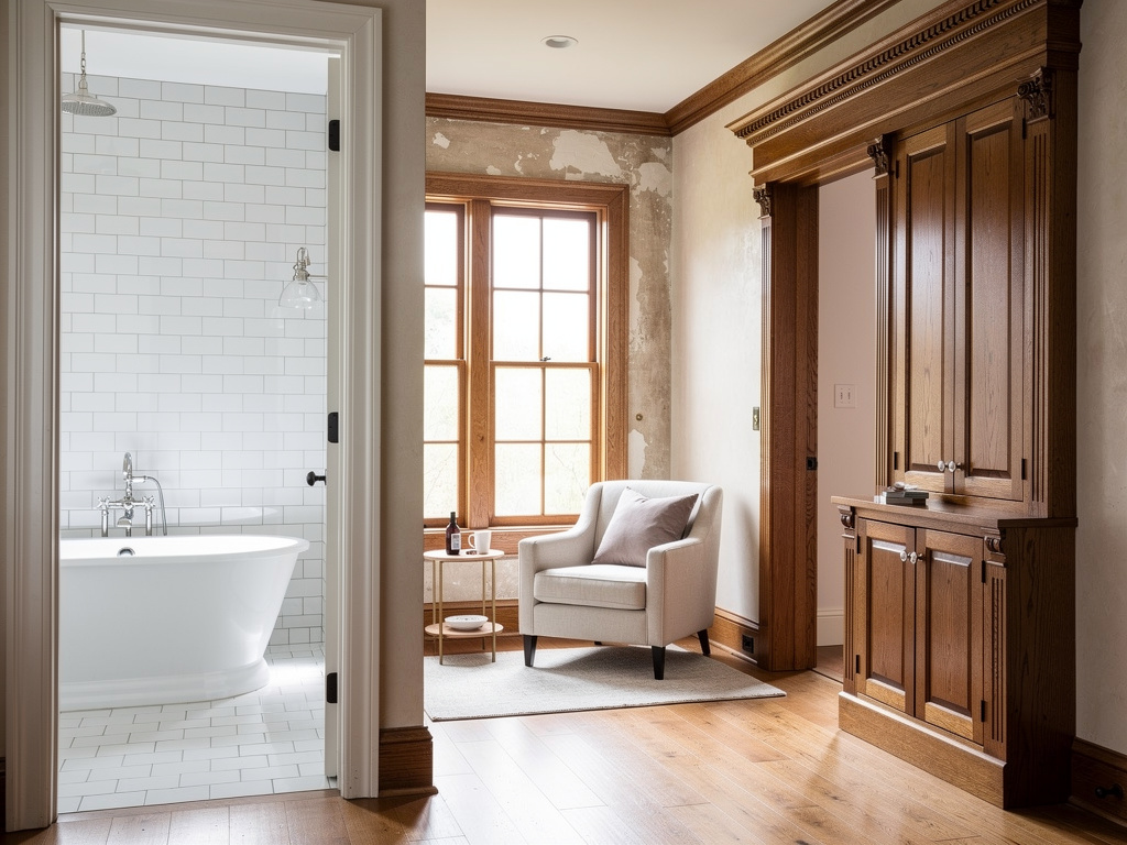 Elegant home interior with white subway tile bathroom, freestanding tub, cozy armchair, wooden floors, and built-in wood cabinetry