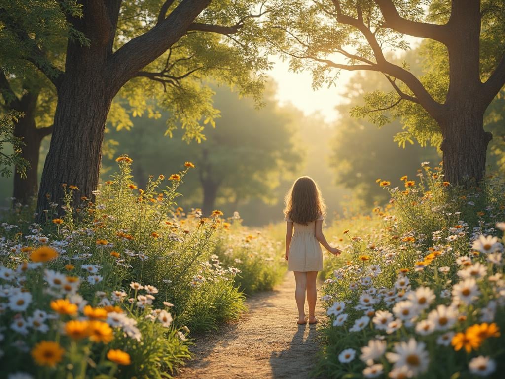 A girl in a white dress walking along a flower-lined path under trees with sunlight filtering through the leaves.