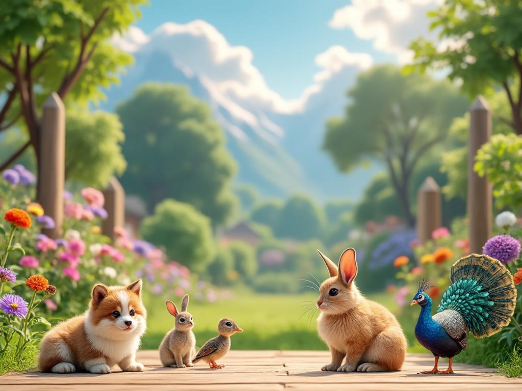 A group of animals including a fluffy puppy, two rabbits, a duckling, and a peacock sitting on a wooden path surrounded by vibrant flowers and lush green trees with a mountain view in the background.