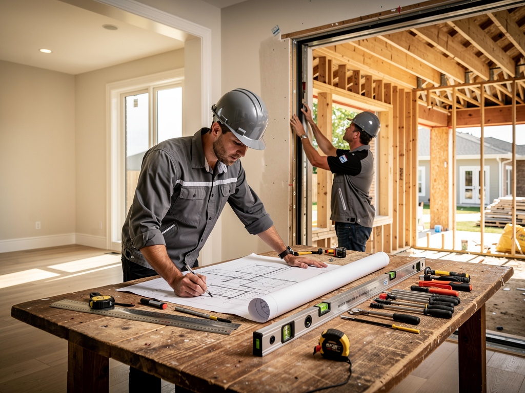 Construction workers reviewing blueprints and installing framing during home renovation