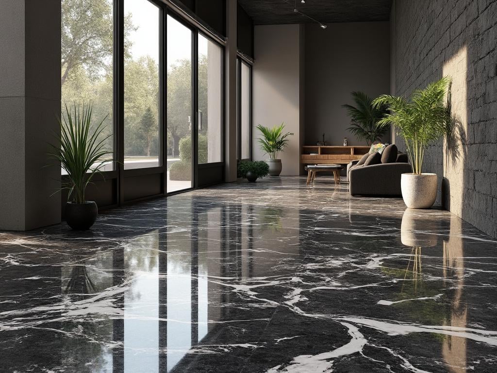 Intérieur moderne avec sol en marbre noir et blanc, plantes en pots et grandes fenêtres laissant entrer la lumière naturelle.