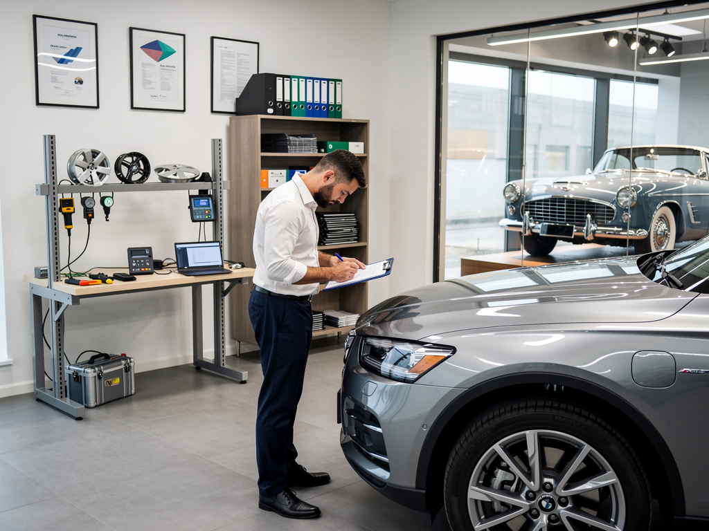 Kfz-Gutachter prüft silbernes BMW SUV in moderner Autowerkstatt mit Diagnosegeräten und Oldtimer im Showroom Kfz-Gutachter prüft silbernes BMW SUV in moderner Autowerkstatt mit Diagnosegeräten und Oldtimer im Showroom