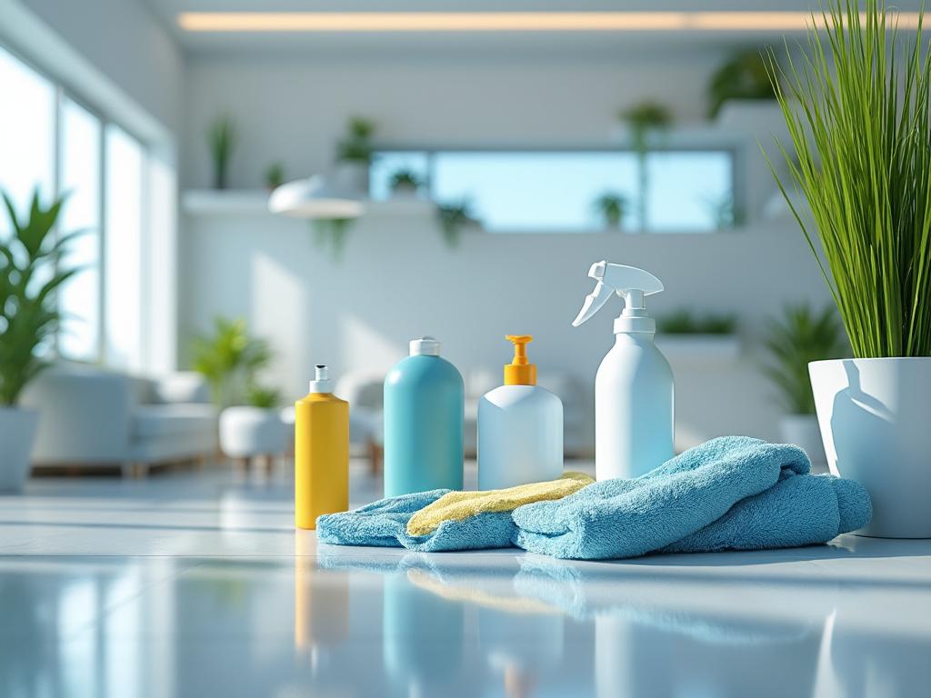 Modern living room with cleaning products, towels, and houseplants on a bright floor.