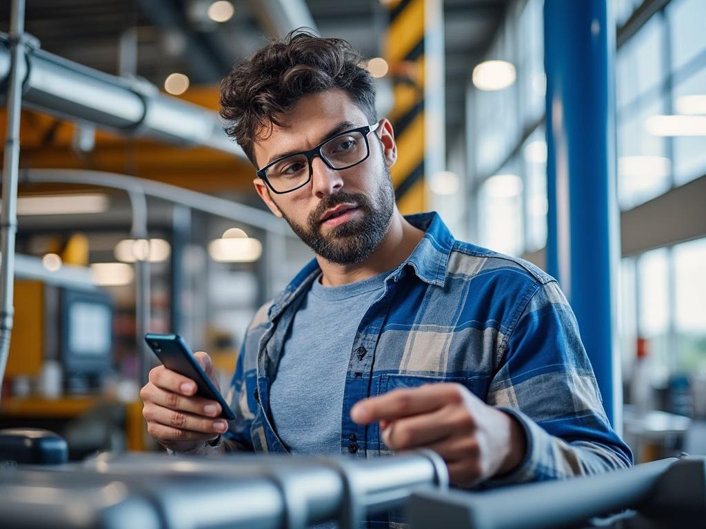 Man in glasses and a blue plaid shirt using a smartphone in an industrial setting with visible machinery.