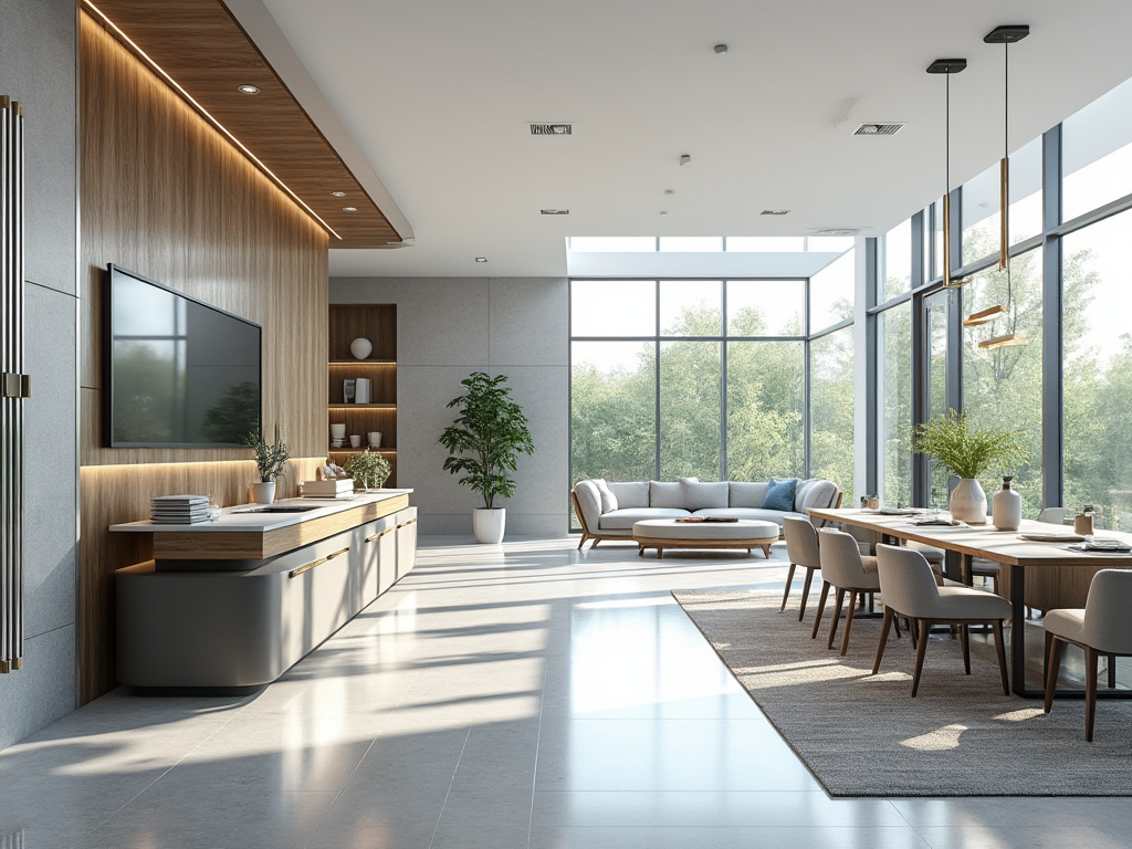 Modern open-concept living and dining area with large windows, contemporary furniture, and abundant natural light.