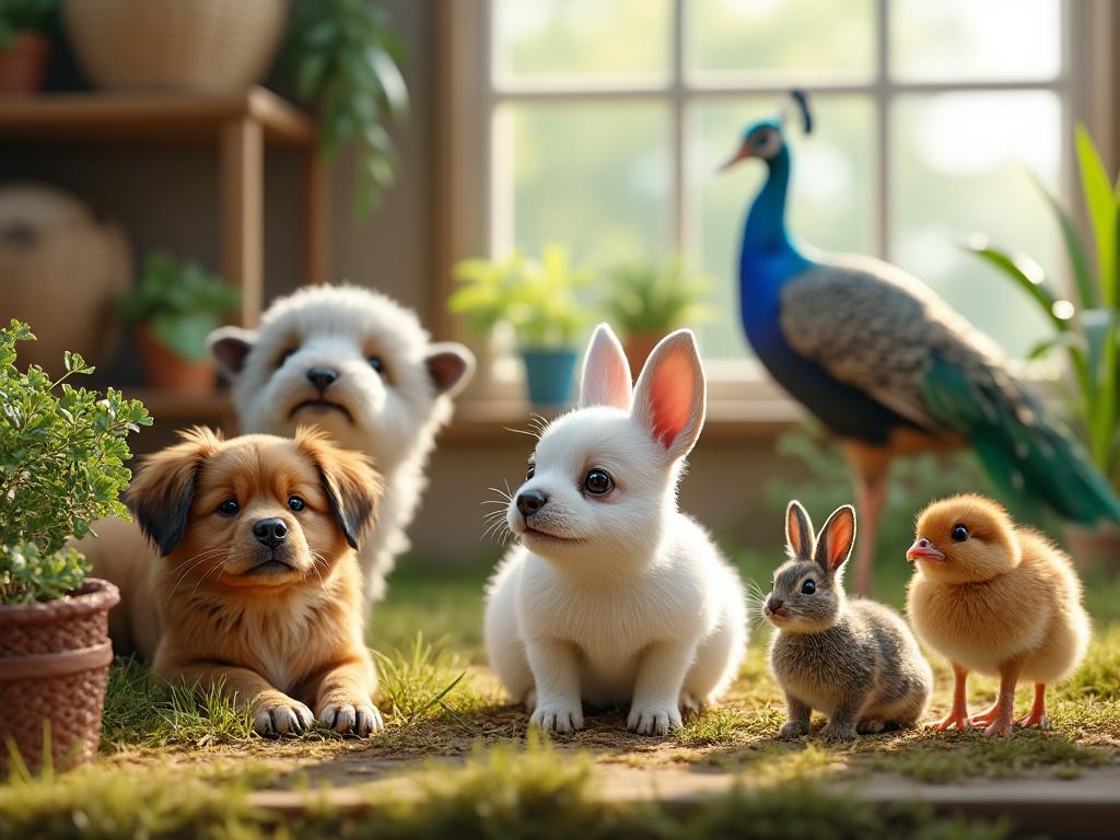 Cute animals on grass in a sunlit room, including a puppy, fluffy rabbit, small bunny, duckling, sheep, and peacock.