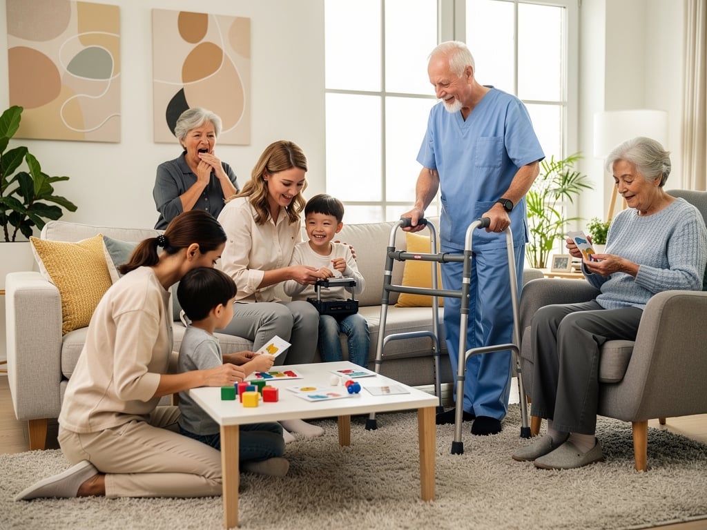 Caregivers and children engaging seniors in memory games and mobility support in a bright assisted living room