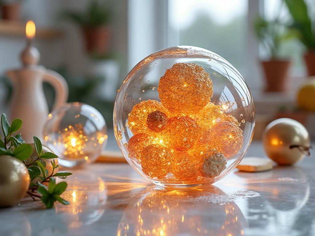 Cozy decorative glass sphere containing warm glowing lights on a tabletop, surrounded by greenery and a candle in a softly lit room.