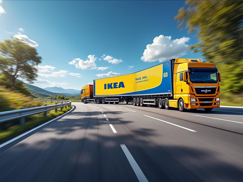 Camion jaune sur autoroute avec remorque IKEA, ciel ensoleillé et paysage de montagne en arrière-plan.