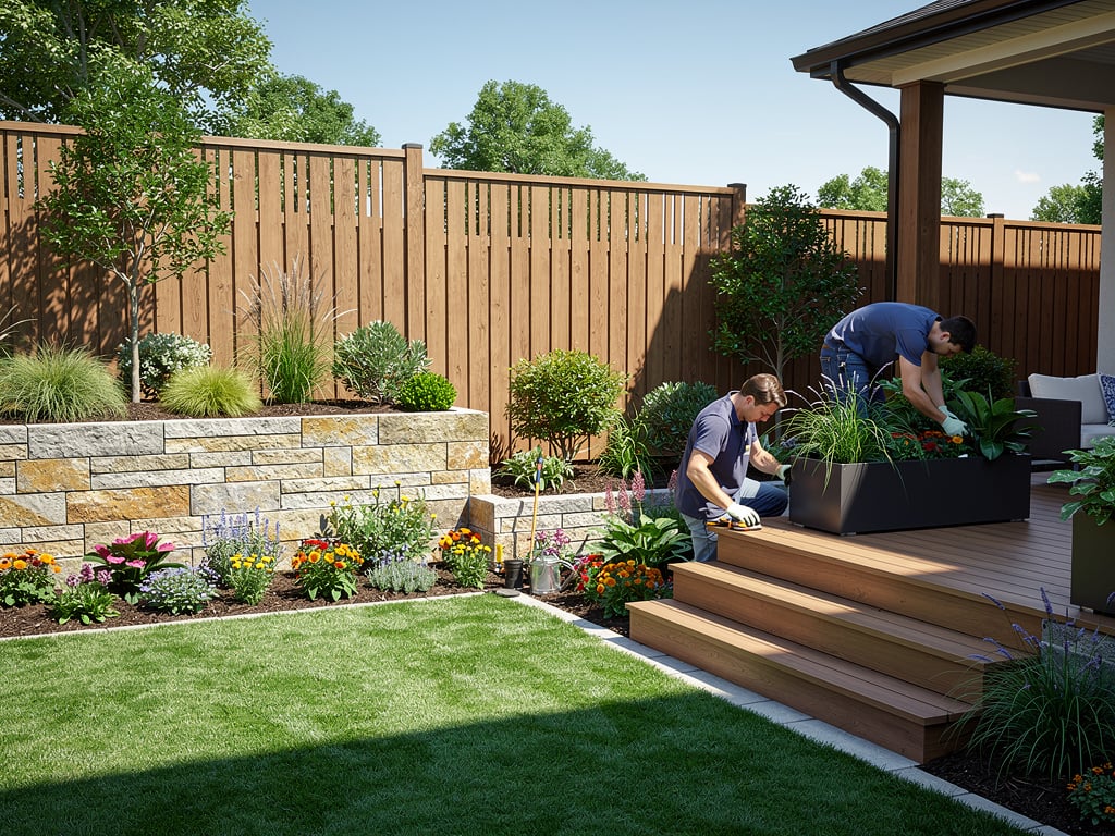 Jardineros plantando flores y arbustos en un patio trasero con terraza de madera, césped y valla de madera